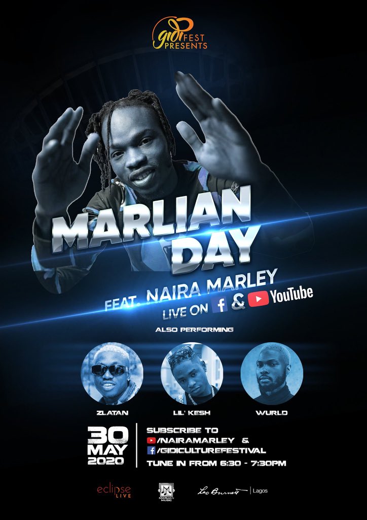 Marlians come forward! 
<a href="/officialnairam1/">nairamarley</a> is celebrating #MarliansDay with an online concert featuring special guests like pami@Zlatan_Ibile <a href="/thisisWurlD/">WurlD</a> <a href="/lilkeshofficial/">Lil Kesh</a> and other Marian Music acts. 

Date: 30|05|2020
Time: 6:30pm- 7:30pm

Stream link - youtu.be/iHYlkF_RTQI