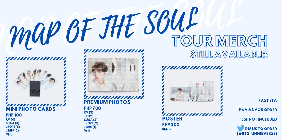 bts_unnieverse's tweet photo. MAP OF THE SOUL TOUR MERCH 🤍
WTS/LFB
📌Available:
✨Mini Photo Cards - PHP 100 each
✨Premium Photos - PHP 700 each
✨Poster (Only 1 left) - PHP 200
Please check photo below for the items left. ☺️
✈️FAST ETA!
🚚LSF not included
DM us to order! 💜
#MOTSTourMerch #PHGO https://t.co/uLTGRmZAUA