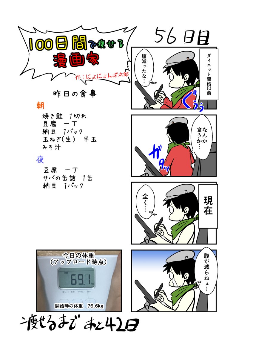 にょにょんば太郎 8 28 Mbfes C30 100日間で痩せる漫画家 56日目 毎日19時頃アップします 腹減りすぎて気分悪くなるやるあるじゃないですか あれが全然ない 100日間で痩せる漫画家 ダイエット