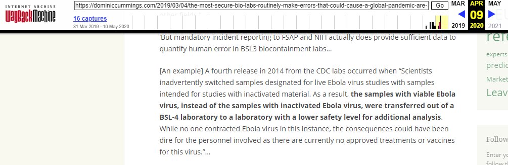 2/ The "Chinese lab" theory takes two forms: a) the loon-theory that the virus is a bio-weapon and was deliberately released; b) that it is a natural virus that accidentally escaped from an unsafe lab - what Cummings had warned about (in a more general way) in March 2019…