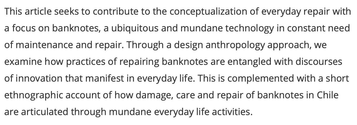 Everyday mundane repair: banknotes and the material entanglements of improvisation and innovation— S. Pink ( @pinkydigital) J.F. Salazar ( @juanbatfran), M. Duque(Tapuya: Latin American Science, Technology and Society ) https://www.tandfonline.com/doi/full/10.1080/25729861.2019.1636619