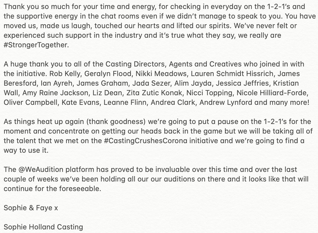We're back in the office as things get going again (Hurrah) but wanted to say a massive thank you for all the support. Huge Props in particular to <a href="/darrendarnboro/">Darren Darnborough</a> and <a href="/RichCambridge/">Richard Cambridge</a> the guys behind <a href="/WeAudition/">WeAudition</a>. And my love @fayetimby #CastingCrushesCorona ❤️📽️🙏