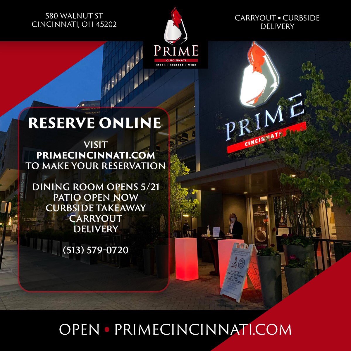 PrimeCincy's tweet photo. LUNCH • DINNER • HAPPY HOUR 
Prime Cincinnati is open for outdoor dining, curbside takeaway, carryout, and delivery.
https://t.co/Q2OvbYq9Ak https://t.co/sOSSuzOBhC