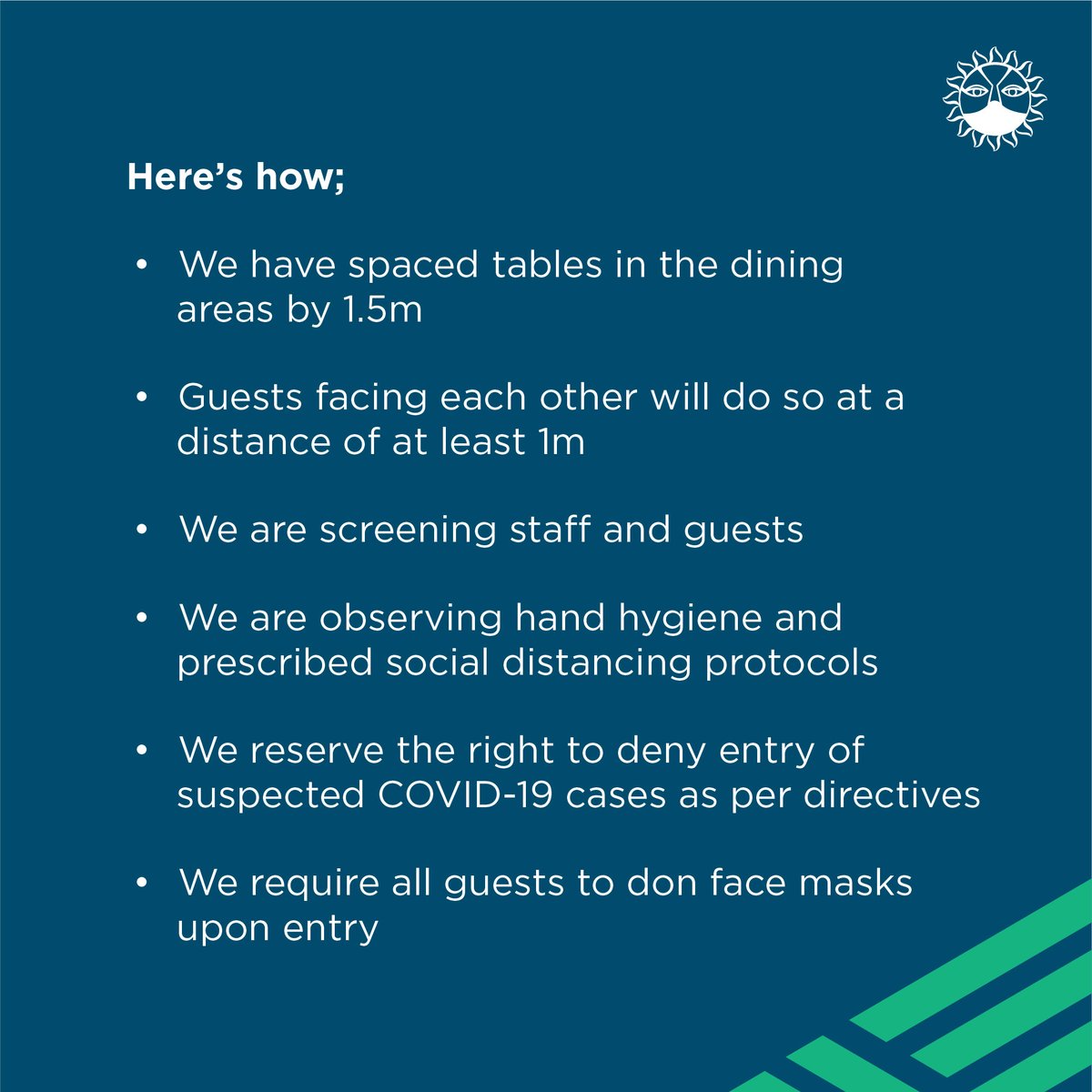 JavaHouseUG's tweet image. Starting today, Java Lugogo and Jinja will be re-opened for dine-in guests. We have taken measures to ensure both the safety of our guests and staff as highlighted in the second image. We're looking forward to hosting you again. See you soon.
#JavaCares #JavaUG