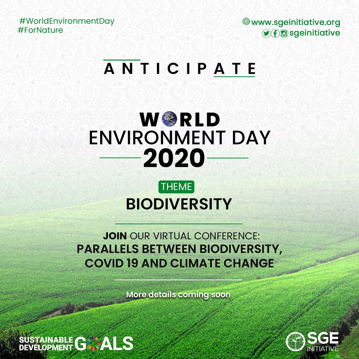 Prepare to join in an Enlightening and lively session to commemorate World Environment Day on June 5th.

Who can attend? Everyone! Students, Professionals, Entrepreneurs, Business owners, Employees...

Full details coming soon!!!
#sge #WorldEnvironmentDay #staysafe
