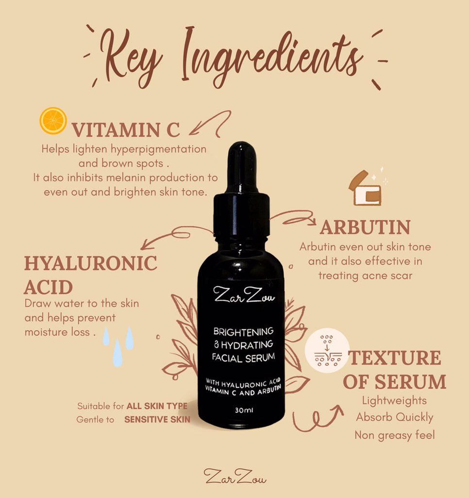 ZarZou serum contains arbutin and Vitamin c as the key ingredients in their serum. Percentage of vitamin c (0.02%) is mild for sensitive skin and suitable for all skin type hit this link to purchase your serum! https://shopee.com.my/product/113395999/6125101628?smtt=0.0.9