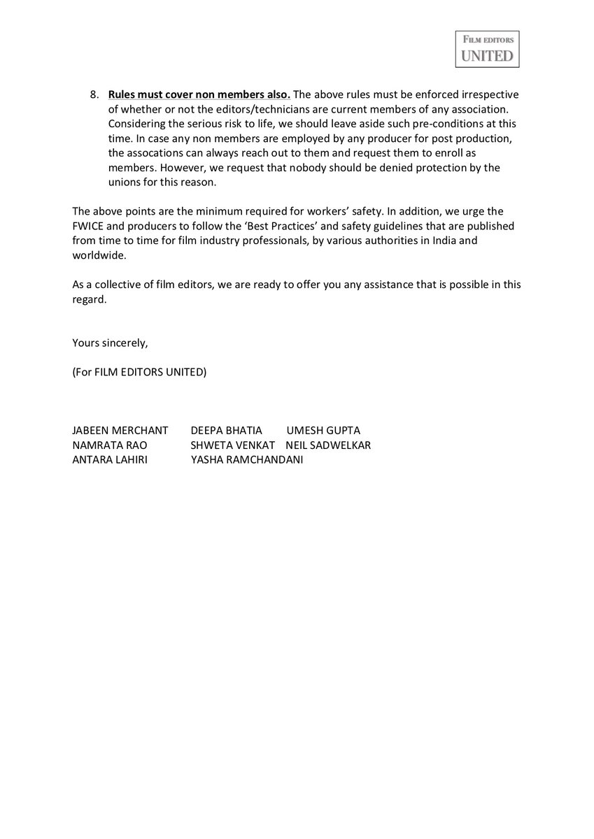 FILM EDITORS UNITED is a collective comprising film editors, assoc/asst editors working in the film industry across Maharashtra. Our response to #FWICE 's request to resume post prod: 
#FilmTwitter