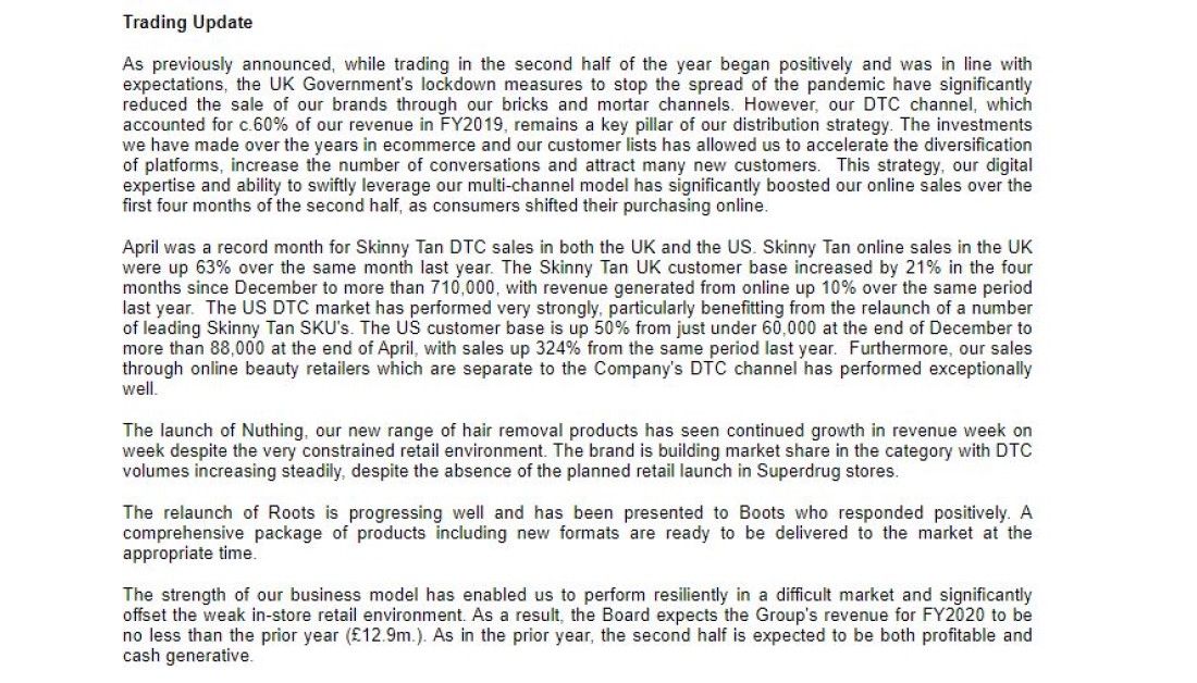 YstoneAdvisory's tweet photo. #IDP - Trading update better than expected. FY sales expected to ahead of last year. April record month. Online strength a key asset. US sales  +324%, Nuthing sales growing wk/wk.  Cash generative, net cash on B/S
#beauty #digitial #online https://t.co/vDhmXIhJfs