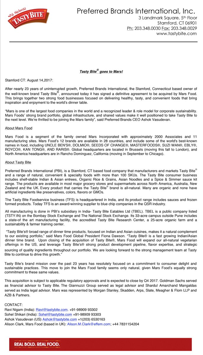 1999 – 5 Cr Revenue & Ist time ProfitTasty bite Eatables Ltd owned by Preferred Brands International (PBI), Stamford, CT, USA which in turn now owned by Mars Food UK since 2017. Mars Food is a segment of Mars Inc. Mars Brands - M&Ms, Snickers, Twix, Orbit …16n