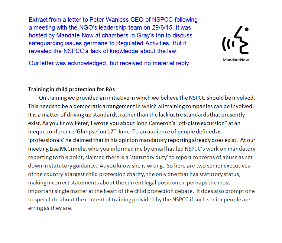 Yet in 2015  @NSPCC was misinforming a seminar of ‘professionals’ (what are they?) and also us at a meeting in chambers in Gray’s Inn, that mandatory reporting existed. So what's prompted it to so suddenly want anything but  #MR? Any answers  @PeterWanless (also formerly of DfE) /8