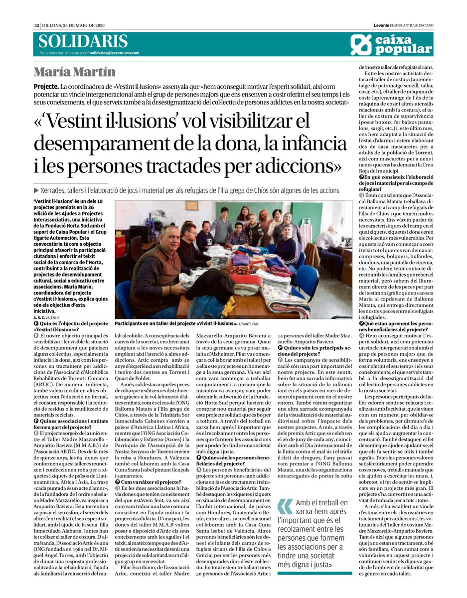 fhortasud's tweet photo. ☀️🙋‍♀️ #Entrevista | Descobreix les accions del projecte 'Vestint il·lusions'. 🙂🧵Una iniciativa de @cdartic1 i el Taller Madre Mazzarello-Amparito Baviera de #Torrent.

🗞 L'entrevista al @levante_emv: https://t.co/SZVFlH0IUC https://t.co/d6OBums8Ha