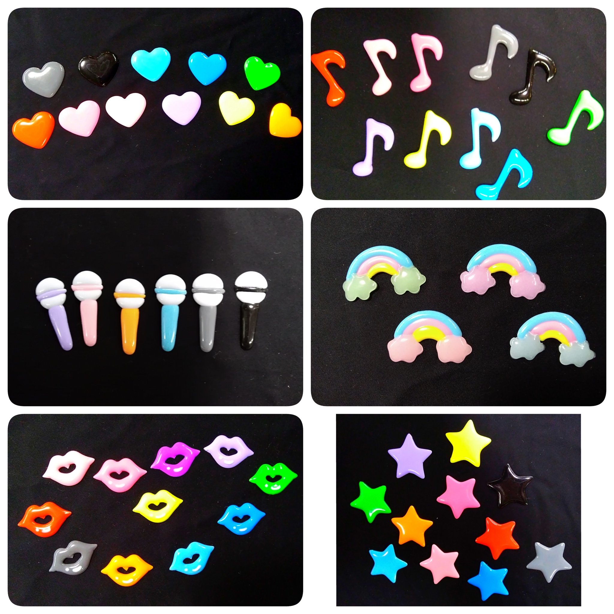 素材館 お名前ホルダー紹介part9 こちらは当店でお取り扱いしているパーツ一覧になります カラーバリエーション豊富となっております お名前と一緒にパーツを組み合わせてみてはいかがでしょうか お名前ホルダーは中二階にて制作する事ができます