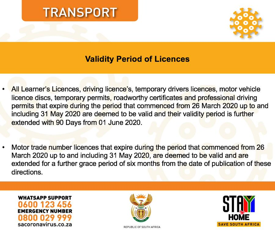GovernmentZA's tweet photo. 𝗥𝗲𝗺𝗶𝗻𝗱𝗲𝗿 on the validity period of your vehicle licence during #Covid19SA #StayHomeSA #level4lockdown https://t.co/VcNyMrdMad