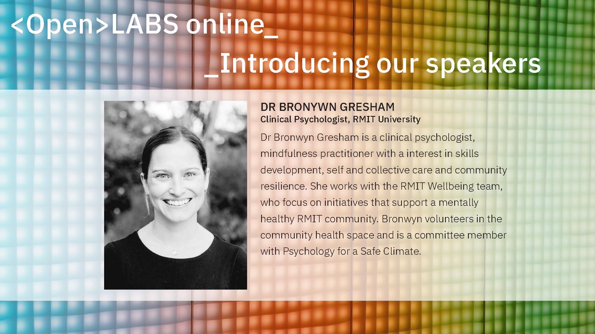 RMIT_HealthLab's tweet photo. We're excited to host Clinical Psychologist + Senior Advisor of the RMIT Mental Well Being Initiative, Dr Bronwyn Gresham at our next #OpenLabsOnline - Register here: https://t.co/3dI77p0nJl @B_Hope_ https://t.co/NsaPLVHr1s