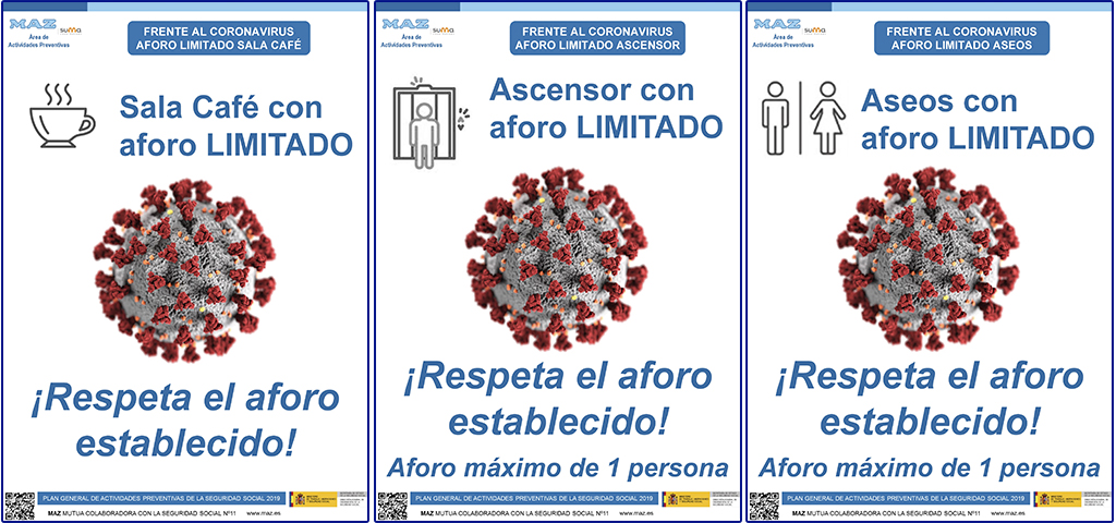 Nuevos carteles para colocar en tu centro de trabajo como apoyo visual para la prevención de la #COVID19: 
✔️ Respeta el aforo establecido en:
🔵 Sala de café
🔵 Aseos
🔵 Ascensores
👉 Más carteles y folletos en nuestra web maz.es/prevencion/Mat…  
#SeguridadLaboral