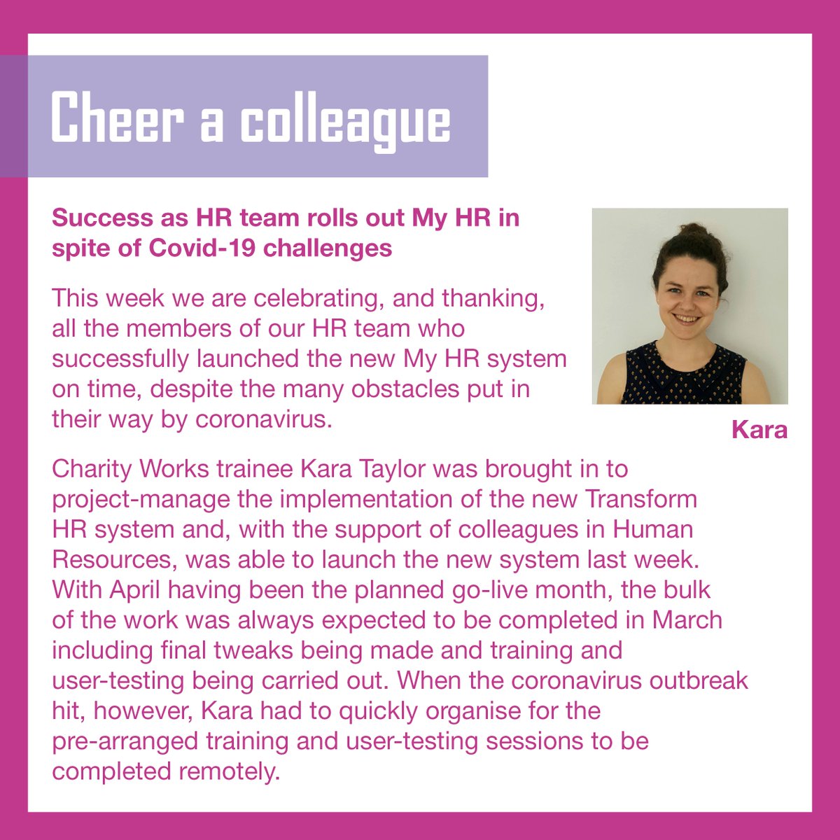transformhs's tweet photo. Success as our HR team rolls out new HR system in spite of Covid-19 challenges
#CheeringTuesday #CheerAColleague #Covid #Covid19 #Coronavirus #ThankYou https://t.co/Y3PpEc63LQ