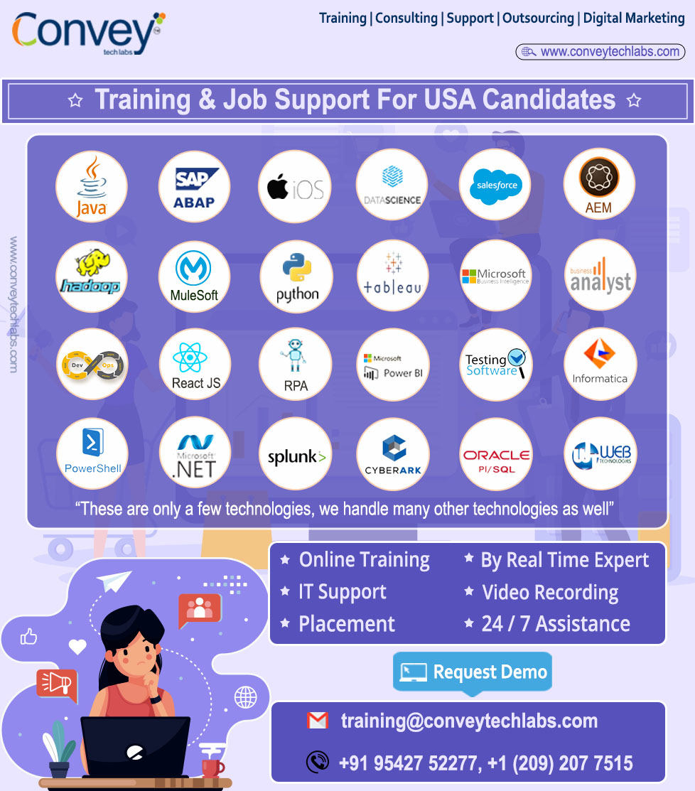 Conveytechlabs's tweet image. #ConveyTechLabs is going to start #OnlineTraining #Job_Support &amp;amp; #Placements on all latest and niche technologies...
Interested candidates kindly Mail US: training@conveytechlabs.com, lead@conveytechlabs.com or Contact US:+91 9542742277, +91 9542742277 , +1 (209) 207 7515