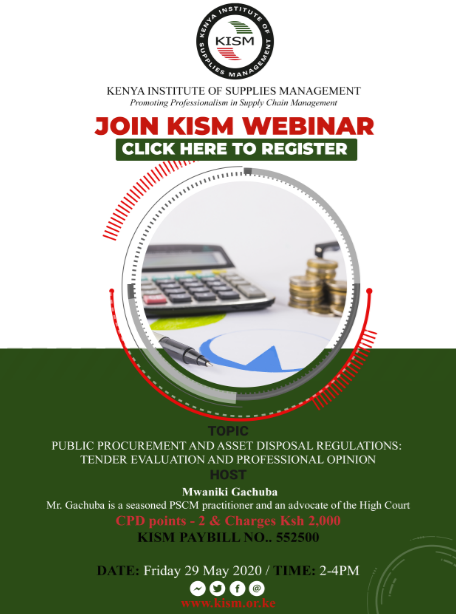 kismgt's tweet photo. Join our live webinar discussion on Public Procurement &amp; Asset Disposal Regulations: Tender Evaluation &amp; Professional Opinion, This Friday 29/5/2020 from 2-4pm 

Host: Mr. Mwaniki Gachuba

Register at https://t.co/tKQHzwySwi or email: programs@kism.or.ke

Charges Ksh.2000/= https://t.co/DFMxXDzFKb
