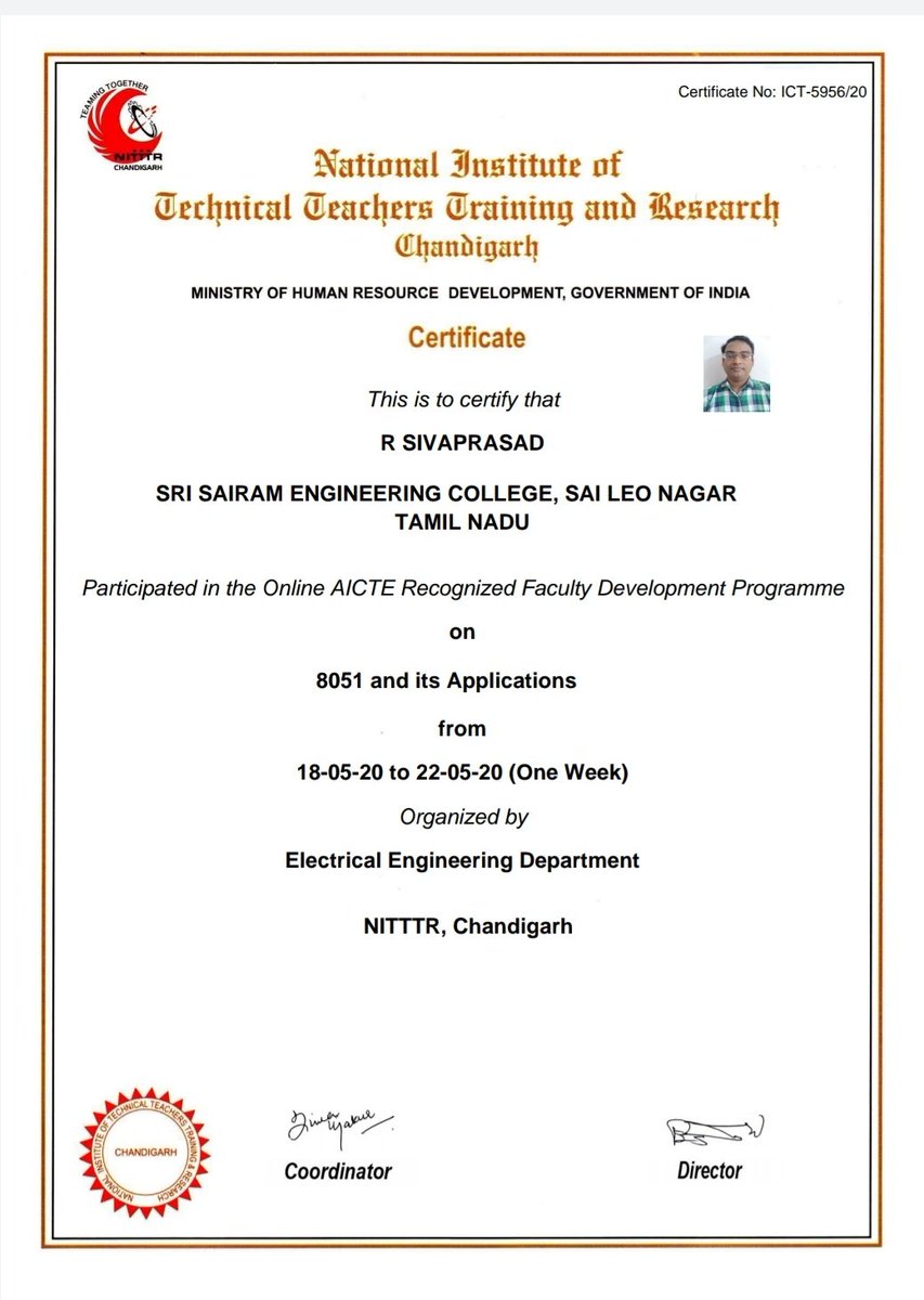 dasarpavis's tweet photo. Received this certificate for Online  AICTE Recognised One Week  FDP on 8051 and it's applications from 18/05/2020 to 22/05/2020.
#DigitallySairam
#SairamInstitutions
#SairamEngg https://t.co/r9sm5u5gF7