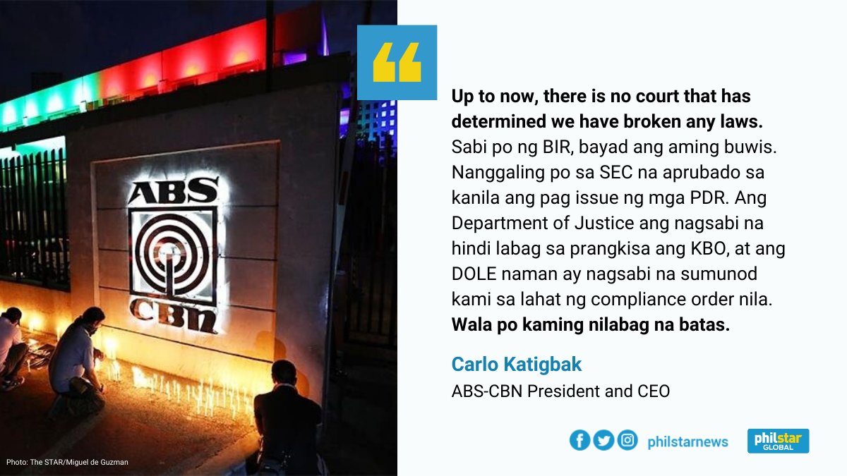 "The law is the law. And under the law, we are innocent unless proven guilty."During the House of Representatives' congressional hearing on  #ABSCBNFranchise renewal, ABS-CBN President and CEO Carlo Katigbak said the broadcast network did not violate any laws.