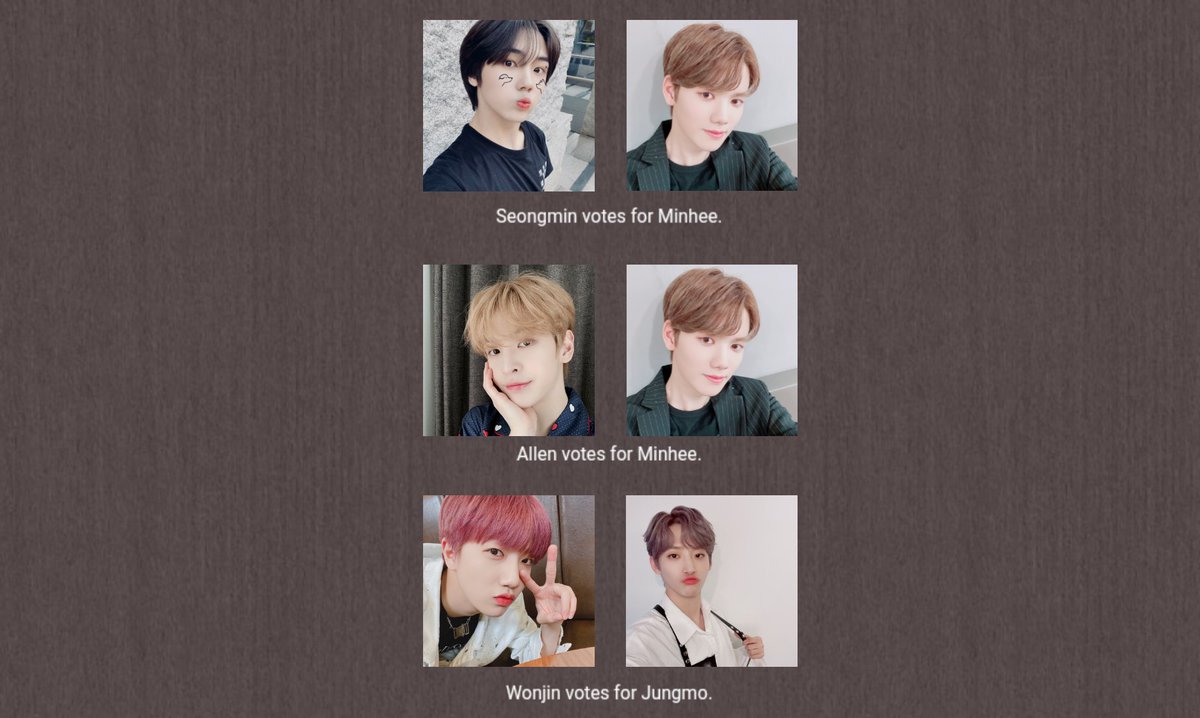 ❛ voting ❜ — the three members are:minhee with 2 votes[jungmo with 3 votes][wonjin with 3 votes]