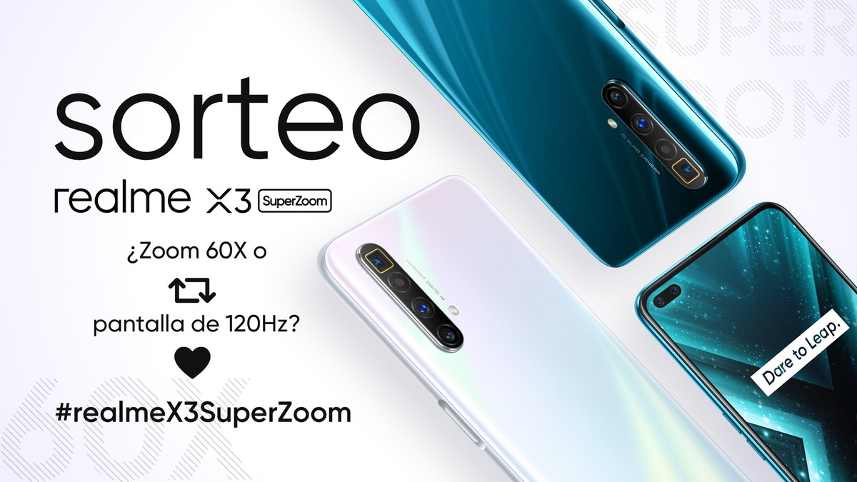 realmeespana's tweet photo. SORTEO de nuestro #realmeX3SuperZoom

¿Eres más de Zoom 60X o pantalla de 120Hz?

Participar es muy sencillo:
- Síguenos
- RT si prefieres Zoom 60X o Like si prefieres pantalla de 120Hz
- Menciona a un amigo y comenta con el hashtag #realmeX3SuperZoom

¡Mucha suerte a todos! https://t.co/J0Ent3W8yB