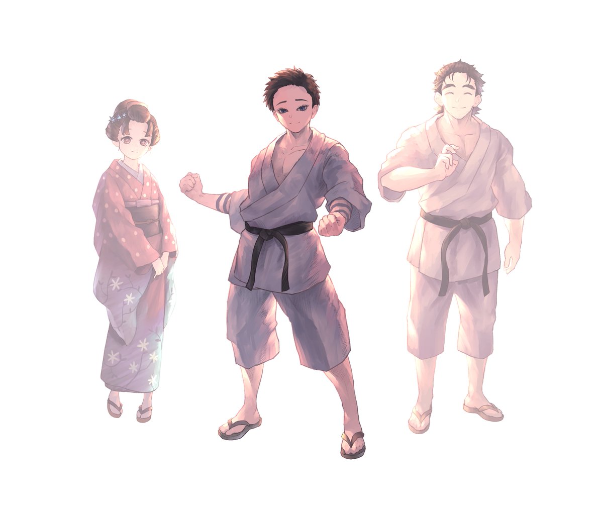 1girl multiple boys japanese clothes 2boys kimono smile dougi  illustration images