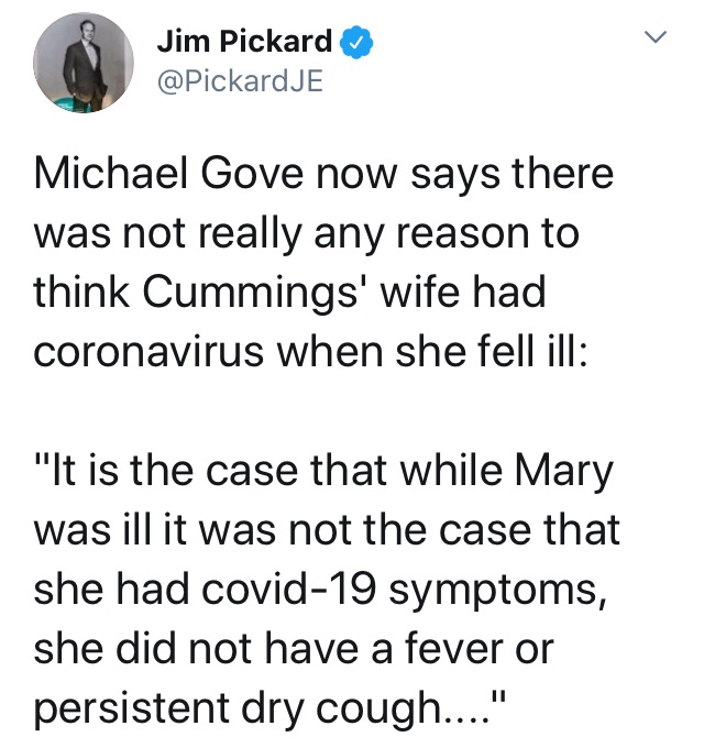 AdamBienkov's tweet photo. So they're now claiming that Dominic Cummings' wife was simultaneously: 

a) Not so ill that he needed to self-isolate.
b) So ill that he needed to break lockdown rules by transporting her and the virus across the country. https://t.co/c3OXlCMBrA