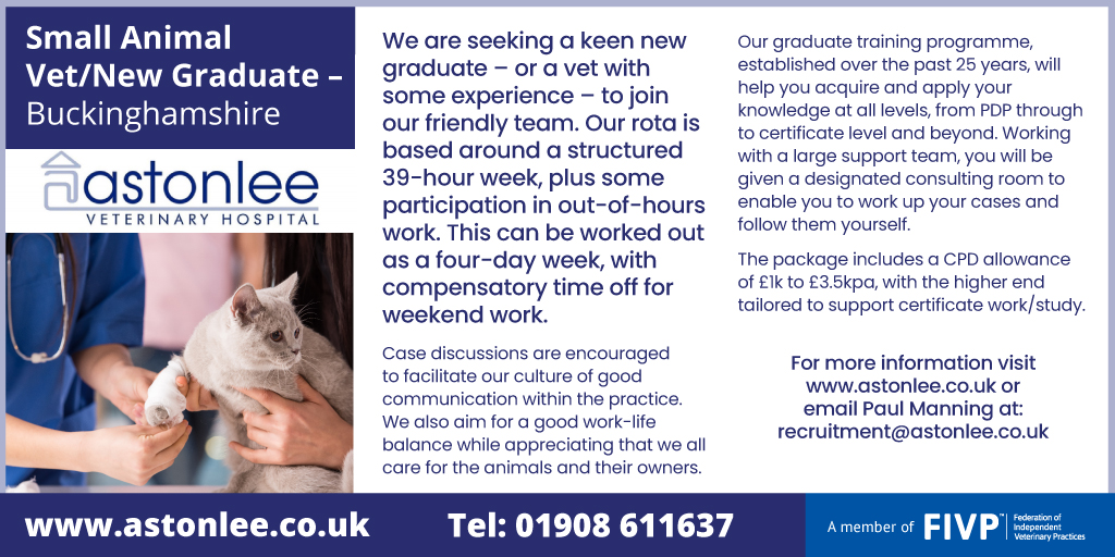 IVPCareers's tweet photo. Astonlee Veterinary Hospital are seeking a keen new grad or a #vet with some experience to join their friendly team.

For more information or to apply, please contact Dr Paul Manning, recruitment@astonlee.co.uk 

#veterinary #vetsurgeon #career #jobopportunity #vetgrad #newgrad https://t.co/a6FMaMGKG1