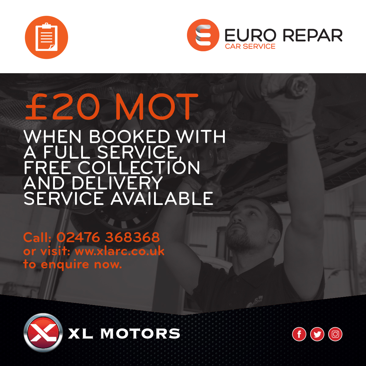 🚗 £20  MOT🚘when booked with a full service Call 02476 368368 to book your appointment, FREE collection & delivery available, following strict social distancing  xlarc.co.uk #MOT #service #coventry #stayalert #freecollection #freedelivery