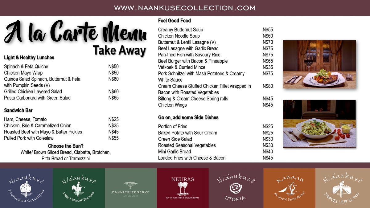 Naankuse's tweet image. We are leaving the decision making up to you with our mouth-watering meal options on our A la Carte Take-Away Menu. 
Mon-Fri 09:00-18:00 &amp;amp; Sat 09:00-13:00
Dial 0814466621 to order.
#Food #AlaCartemenu #onlyatNaankuse #naankuseMoments #localNamibia #WindhoekFood #naankuseAtUtopia
