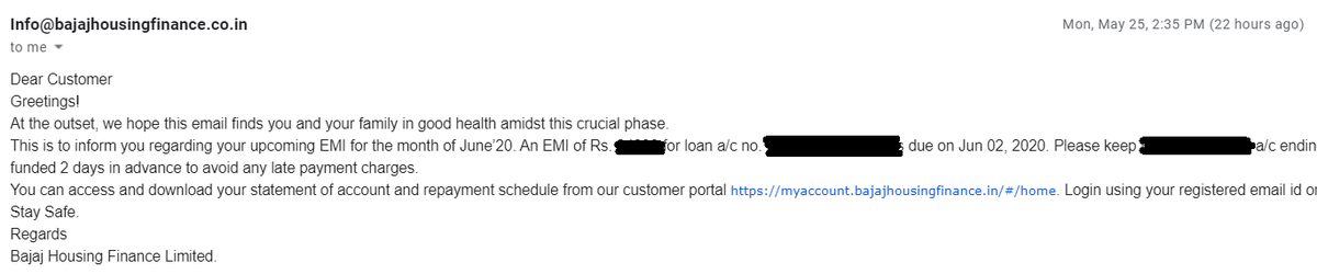 ShreeSule's tweet photo. @Bajaj_Finance Just to add to the reply today i received an auto generated email @Bajaj_Finance  asking me to keep my account funded else late charges will be applied, which is against the rules set by RBI in the current scenario. https://t.co/E1eZwMmdZQ