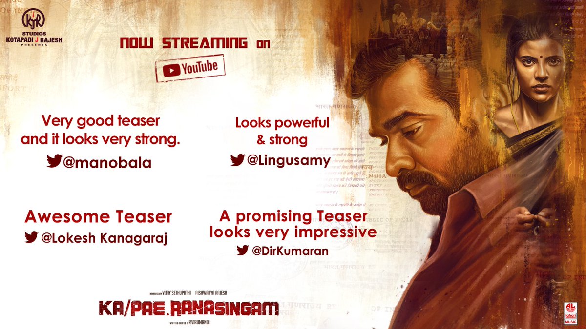 Cinemapayyan (@cinemapayyan) on Twitter photo 3 Million+ organic views for #KaPaeRanasingam Teaser
▶ youtu.be/UkYwGi2v1Bo
<a href="/kjr_studios/">KJR Studios</a> #VijaySethupathi <a href="/aishu_dil/">aishwarya rajesh</a>
Celebs heaping praises 💥 3 Million+ organic views for #KaPaeRanasingam Teaser
▶ youtu.be/UkYwGi2v1Bo
<a href="/kjr_studios/">KJR Studios</a> #VijaySethupathi <a href="/aishu_dil/">aishwarya rajesh</a>
Celebs heaping praises 💥