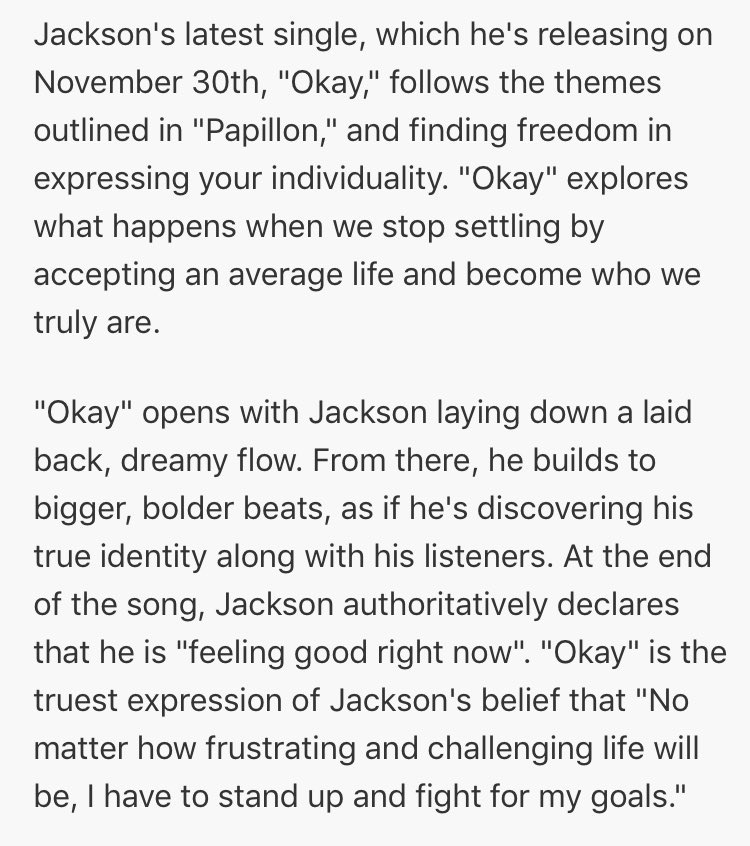 • “Okay” is the truest expression of Jackson’s belief that no matter how frustrating And challenging it will be i have to stand up and fight for my goal •  https://www.broadwayworld.com/bwwmusic/article/Jackson-Wang-Releases-New-Single-Okay-1130-20171128