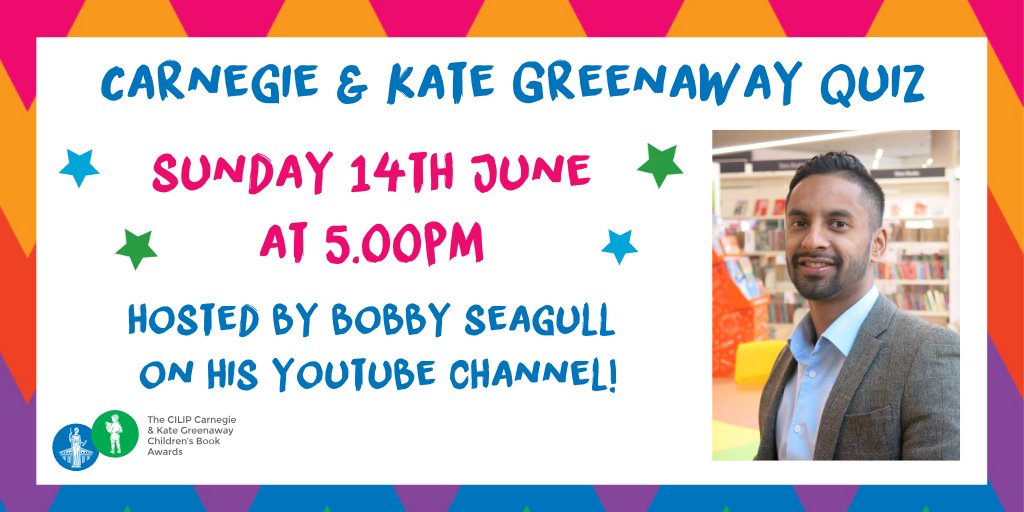 CarnegieMedals's tweet photo. Save the date for a very special Carnegie &amp; Kate Greenaway Quiz featuring #CKG20 shortlistees hosted by University Challenge star and @CILIPinfo Library Champion @Bobby_Seagull on Sunday 14th June! Free to join! Subscribe now to Bobby's YouTube channel: https://t.co/OKxEKcTAuG https://t.co/O0CeKg7xHK