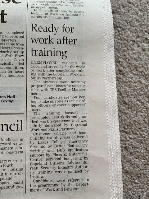 CPassarelloDWP's tweet photo. A lovely little article in @WhitehavenNews recently. A #SectorBasedWorkAcademy is a fantastic tool for learning the skills and experience to move back in to work. Some great examples on the way, as providers customers and partners adapt to #remoteworking. #Whitehaven #DWProud. https://t.co/l1ntFUszYS