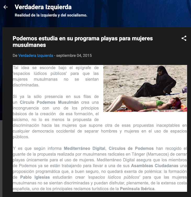 4) Another example: La Verdadera Izquierda quoted a false report from the alternative media “Mediterraneo Digital” about Podemos. This was debunked by the Spanish fact-checker  @malditobulo  https://maldita.es/malditobulo/2020/01/15/no-podemos-no-ha-prometido-playas-para-musulmanas-en-espana-2/