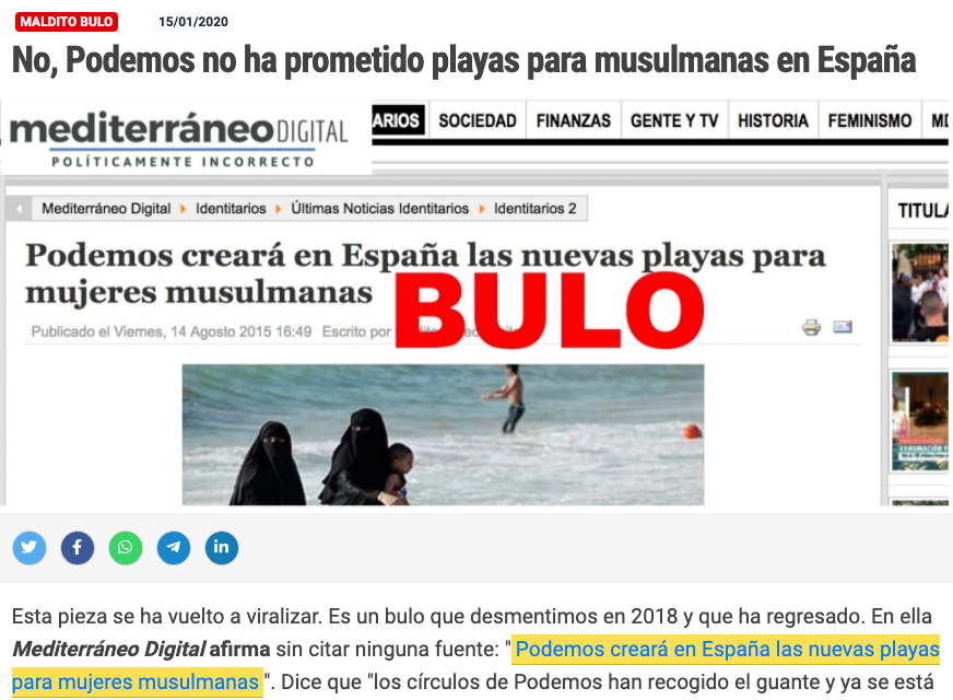 4) Another example: La Verdadera Izquierda quoted a false report from the alternative media “Mediterraneo Digital” about Podemos. This was debunked by the Spanish fact-checker  @malditobulo  https://maldita.es/malditobulo/2020/01/15/no-podemos-no-ha-prometido-playas-para-musulmanas-en-espana-2/