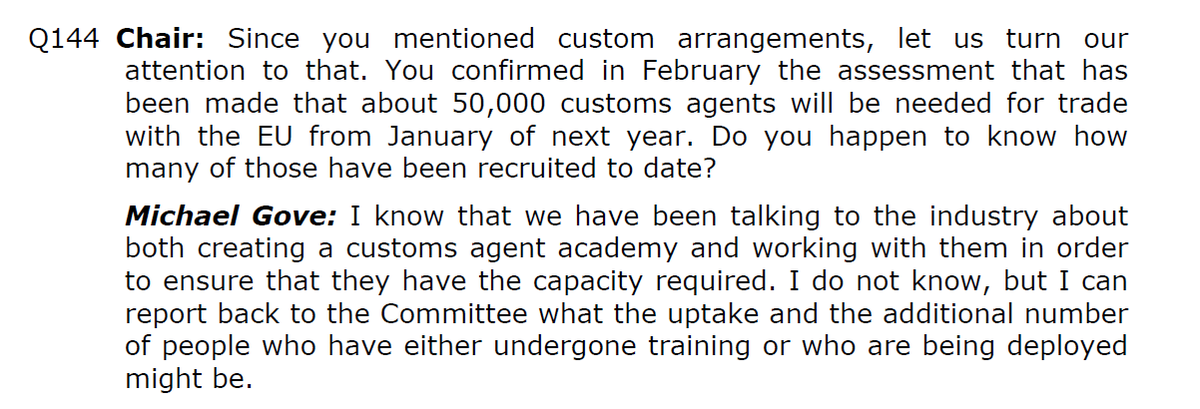 The need for 50,000 officers is an industry estimate, but one recognised repeatedly by  @michaelgove in Parliament. Here is  @hilarybennmp asking Gove about it at Select Commitee on April 27 - he doesn't dispute the figure. /2 https://committees.parliament.uk/committee/366/committee-on-the-future-relationship-with-the-european-union/