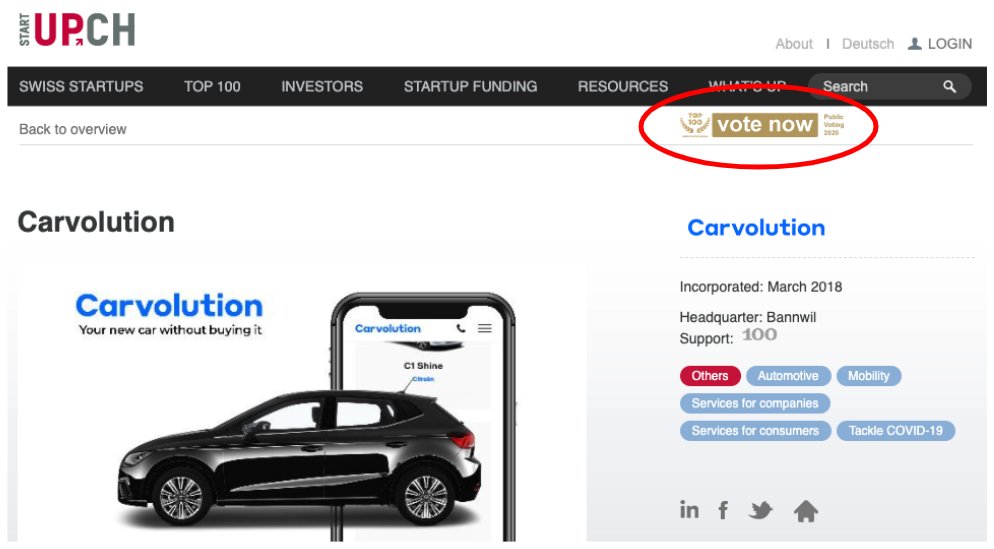Carvolution_AG's tweet photo. Das Voting für den Top 100 Swiss Startup Award hat gestartet 🥳
🚗 🚗 🚗
Stimme jetzt ab und ermögliche uns einen Platz unter den erfolgreichsten Schweizer Startups im Jahr 2020 🇨🇭 🚀
https://t.co/buCS7eEvpJ
#top100ssu #carvolution #onlinestartup https://t.co/bK4RteKkS5
