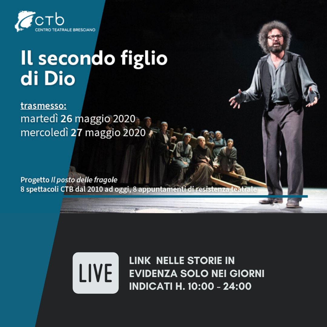 ORA LIVE 🔴 'Il Secondo Figlio di Dio' con Simone @scristicchi  Regia di Antonio Calenda 

Link streaming attivo nei gg. 26 & 27 Maggio dalle h.10-24  > bit.ly/2TGhHHs < sul sito del @CTBteatro
 
#simonecristicchiteatro 
#davidlazzaretti