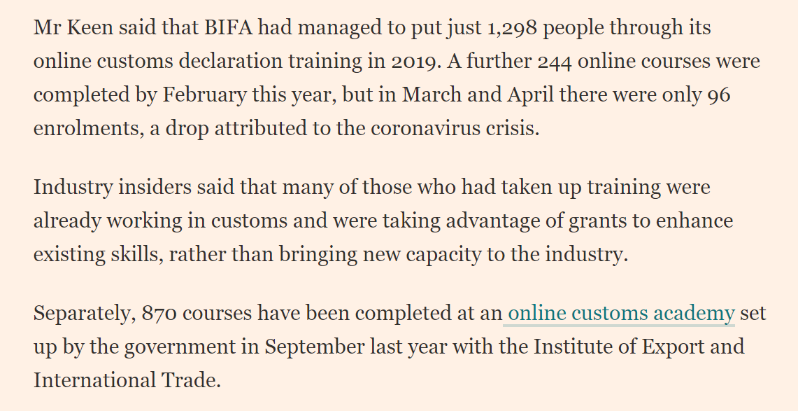 So how many of the additional 50,000 customs agents have been trained? Hard to know exactly, but Robert Keen  @BIFA_DG the head of Bifa, the UK's main trainer of customs agents wrote to  @hilarybennmp on April 11 to say he'd trained 1,298 last year! /4