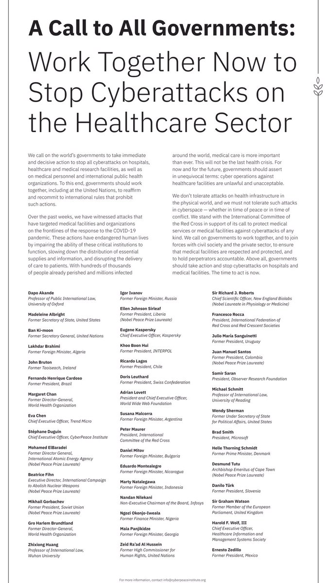 _PeterMaurer's tweet photo. Attacks on health care are unthinkable - and frankly outrageous - especially during the #COVID pandemic.
 
Today we are calling on States to assert in unequivocal terms: cyber operations against healthcare facilities are unlawful and unacceptable. https://t.co/IMf5pNJJub