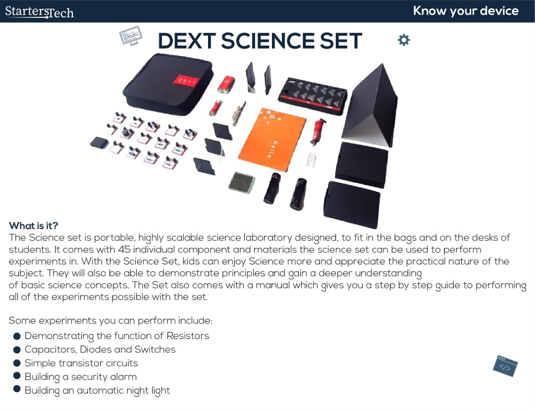 StartersTech's tweet image. With the Dext Science Set, kids can enjoy Science more and appreciate the practical nature of the subject. This week on know your device. @dext_tech 
#devices #stemeducation #stemactivitiesforkids #science #scienceexperiments #concepts #coding #electronics #robotics #starterstech