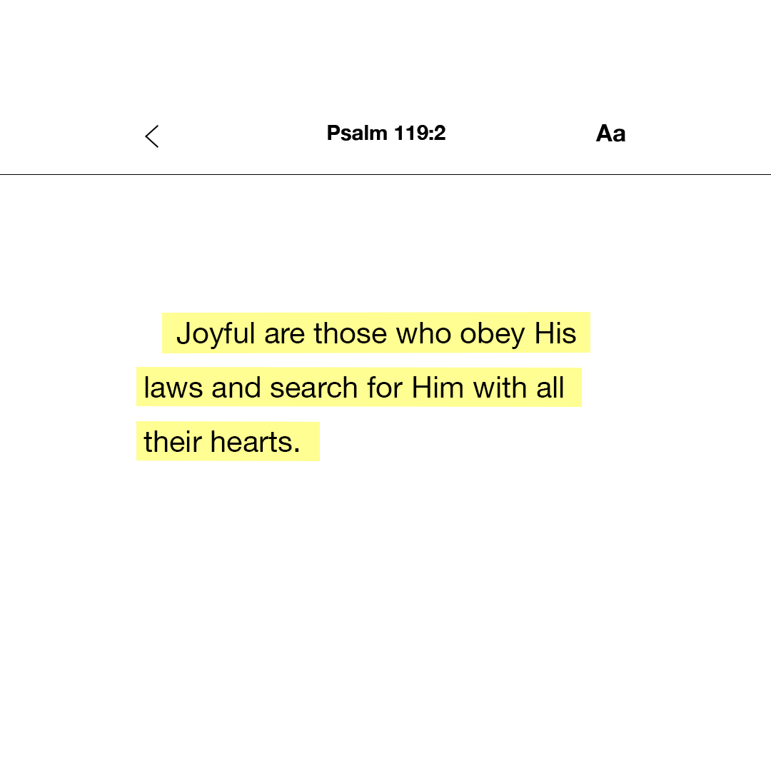YouVersion's tweet photo. Joyful are those who obey his laws and search for him with all their hearts. - Psalm 119:2 https://t.co/WqP06NapMS