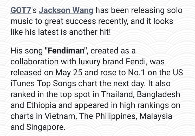 • His song "Fendiman", created as a collaboration with luxury brand Fendi, was released on May 25 and rose to No.1 on the US iTunes Top Songs chart the next day. •  http://sbs.com.au/popasia/blog/2 …