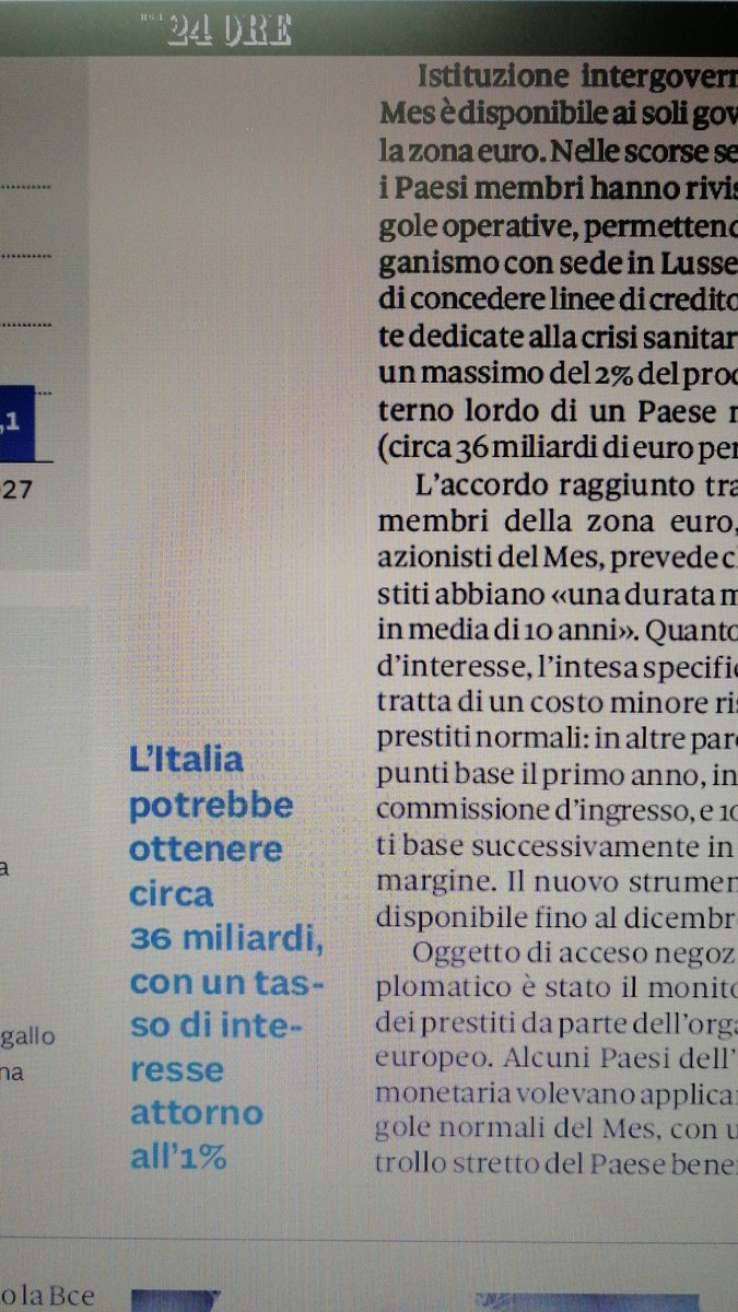 emanueleo73's tweet photo. Anche il @sole24ore smonta la #fakenews del #tasso di interesse che l'#Italia dovrà pagare per il #MES: stima circa 1% non lo 0.1% come dicevano i vari @marattin @VeroDeRomanis ecc ma ben più alto come aveva ben calcolato @RaphaelRaduzzi #stopESM #noMES https://t.co/lwGbiah3JU