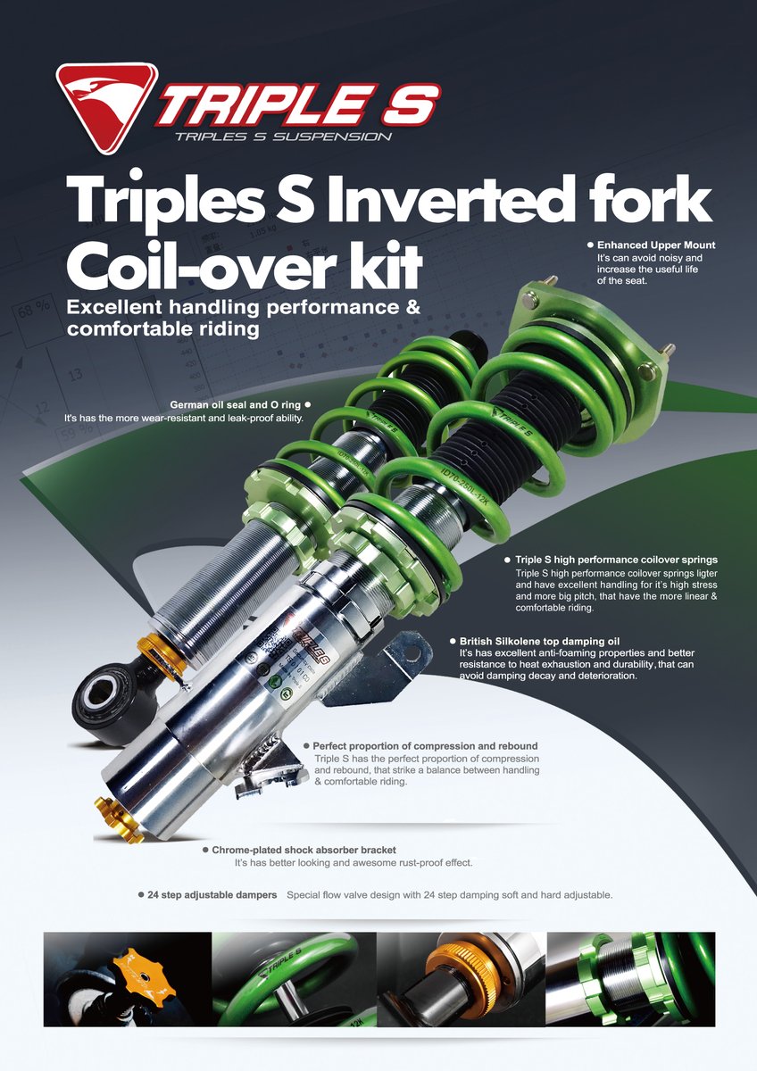 marcom46402570's tweet photo. Triple S Inverted coilover kit will subvert your imagination of coilover kit.
Triple S use inverted type, long-stroke(travel) &amp; Monotube design to strike a balance between handling &amp; comfortable riding to let owner enjoy the driving safety &amp; pleasure.
#TripleSInvertedcoiloverkit https://t.co/Nflp95dnw7