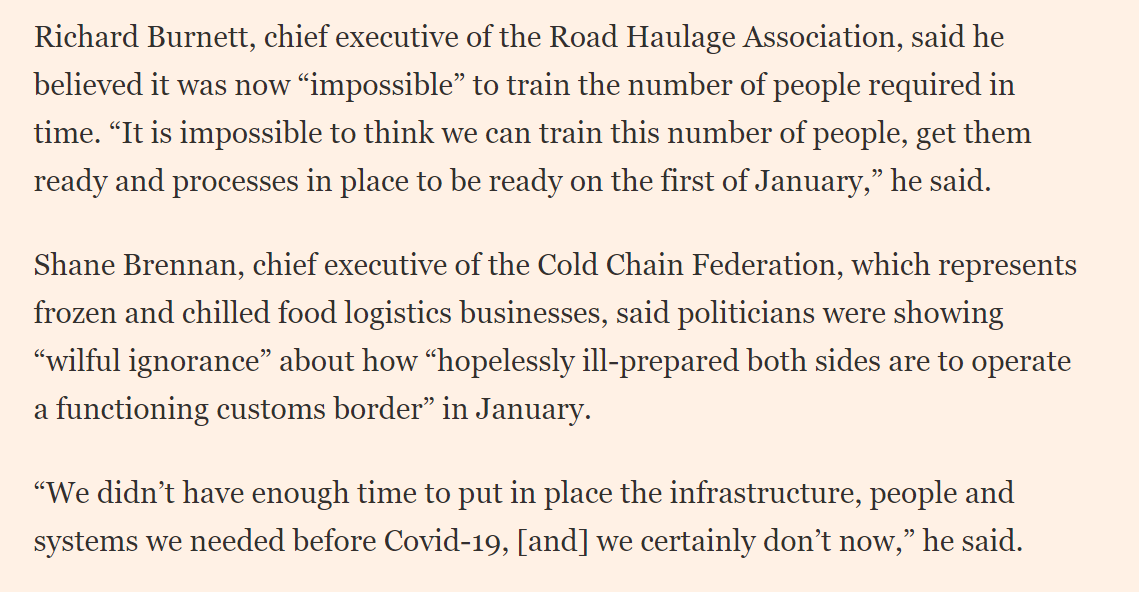 Here's what Road Haulage Association boss Richard Burnett said  @RHARichardB - "impossible" and Shane Brennan boss of Cold Chain Federation  @ColdChainShane told me, citing "wilful ignorance" of politicians. /12