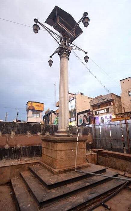 Madurai collector black burn, who was in charge took actions in destroying the heavy walls of madurai with help of madurai people. To commemorate his work, a light pillar was installed with his name at bottom inlaid stone (today the stone is missing)